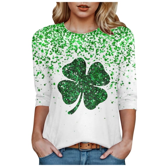 felwors St Patty's Day Shirt Women 2025 Casual Plus Size 3/4 Sleeve Irish Clover Shirts Funny Saint Patrick's Tunic Tops (Dark Green, M)