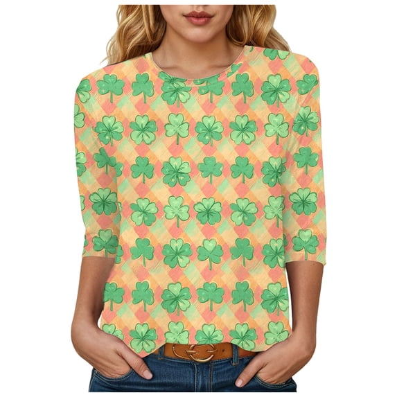 felwors St Patty's Day Shirt Women 2025 Casual Plus Size 3/4 Sleeve Irish Clover Shirts Funny Saint Patrick's Tunic Tops (Gold, L)