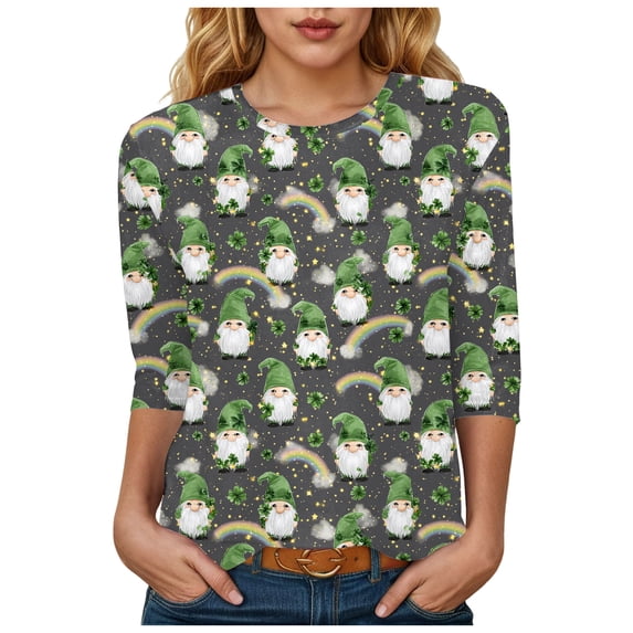 felwors St Patty's Day Shirt Women 2025 Casual Plus Size 3/4 Sleeve Irish Clover Shirts Funny Saint Patrick's Tunic Tops (Grey, L)