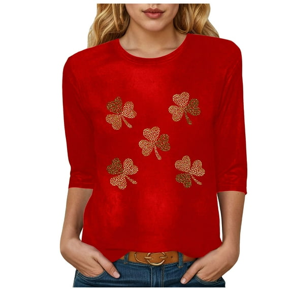 felwors St Patty's Day Shirt Women 2025 Casual Plus Size 3/4 Sleeve Irish Clover Shirts Funny Saint Patrick's Tunic Tops (Red, M)