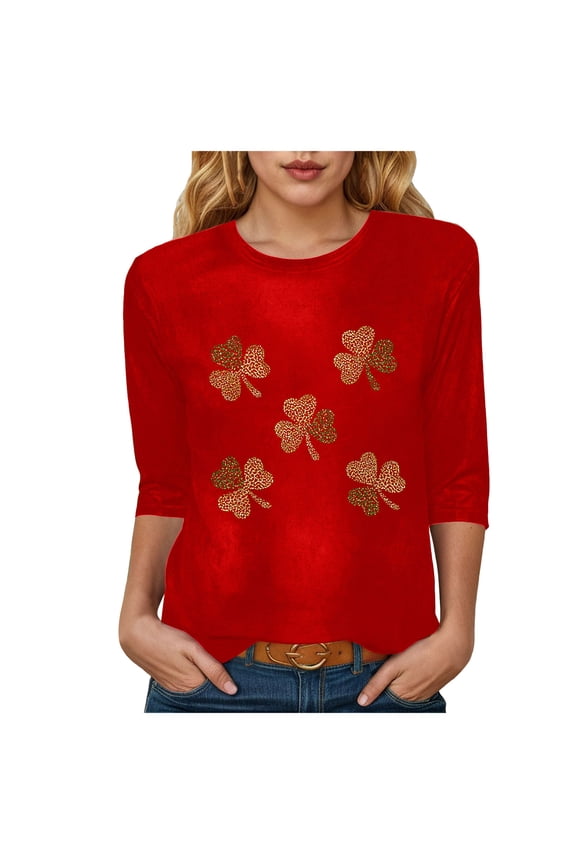 St Patty's Day Shirt Women 2025 Casual Plus Size 3/4 Sleeve Irish Clover Shirts Funny Saint Patrick's Tunic Tops (Red, M)