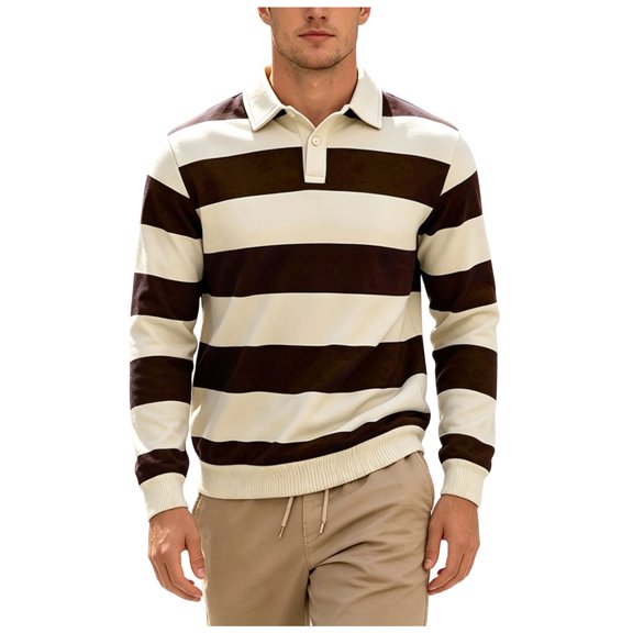 felwors Striped Polo Sweatshirt Long Sleeve Rugby T-Shirt Fashion Color Block Pullover Tops Collared Preppy Shirt Brown for Size M