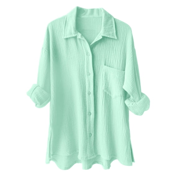 felwors Summer Blouse Women Elegant Muslin Blouse Shirt Cotton Sports Suit Oversize Leisure Shirt Long Sleeve High Waist Leisure Tunic Clothes Long Shirt Light Green, XL