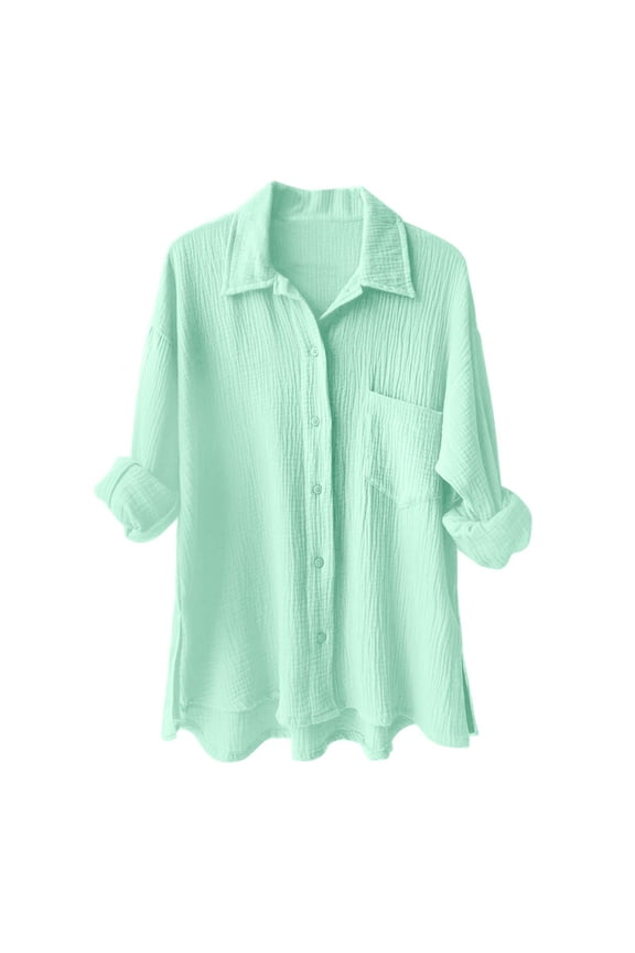 Summer Blouse Women Elegant Muslin Blouse Shirt Cotton Sports Suit Oversize Leisure Shirt Long Sleeve High Waist Leisure Tunic Clothes Long Shirt Light Green, XXL