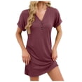 thumbnail image 1 of felwors Summer Dress Short Sleeve Casual V Neck Button Down Loose Vacation Mini Dress (Wine, M), 1 of 8