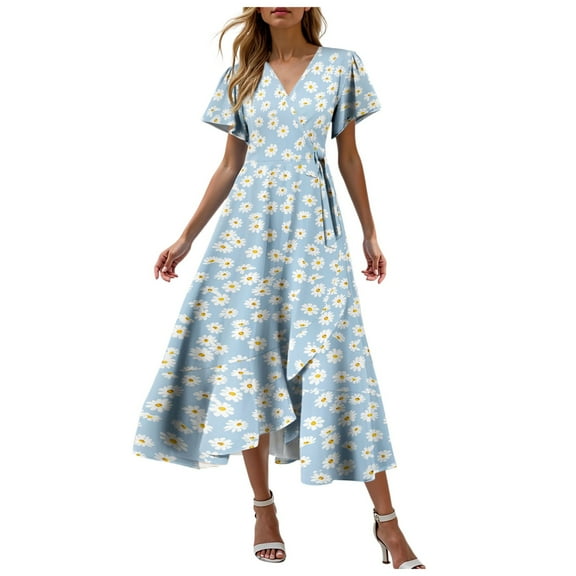 felwors Summer Dresses for Women 2025 Casual V Neck Short Sleeve Floral Midi Dress Tie Waist Ruffle Boho Cute Summer Dress Dark Blue, XXL