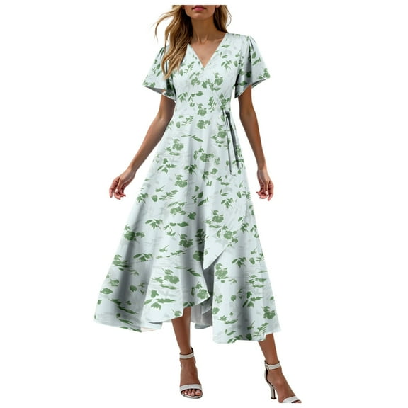 felwors Summer Dresses for Women 2025 Casual V Neck Short Sleeve Floral Midi Dress Tie Waist Ruffle Boho Cute Summer Dress Green, M