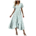 thumbnail image 1 of felwors Summer Dresses for Women 2025 Casual V Neck Short Sleeve Floral Midi Dress Tie Waist Ruffle Boho Cute Summer Dress Light Green, XXL, 1 of 9