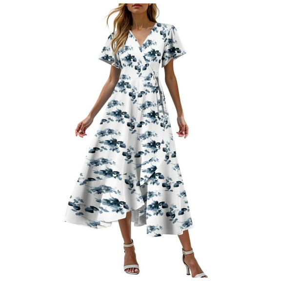 felwors Summer Dresses for Women 2025 Casual V Neck Short Sleeve Floral Midi Dress Tie Waist Ruffle Boho Cute Summer Dress Navy, XXL
