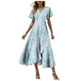 thumbnail image 1 of felwors Summer Dresses for Women 2025 Casual V Neck Short Sleeve Floral Midi Dress Tie Waist Ruffle Boho Cute Summer Dress Sky Blue, M, 1 of 9