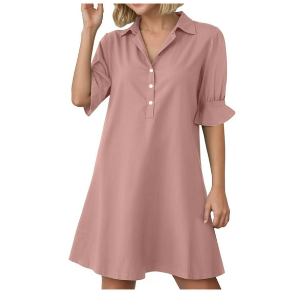 felwors Summer Dresses for Women V Neck Ruffle Short Sleeve Casual Shift Dress Pink, L