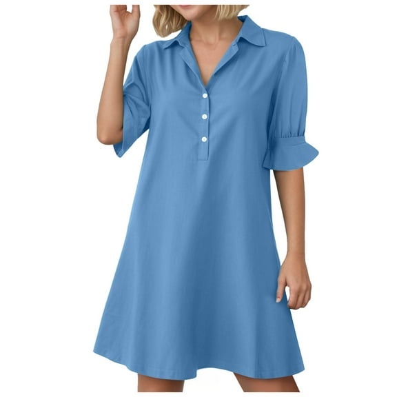 felwors Summer Dresses for Women V Neck Ruffle Short Sleeve Casual Shift Dress Sky Blue, XL