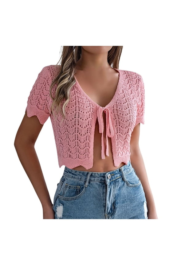 Summer Lace Up Hollowed Out Short Sleeved Knitted Cardigan Vacation Exposed Navel Sun Girls Cardigan Sweaters Pink, L