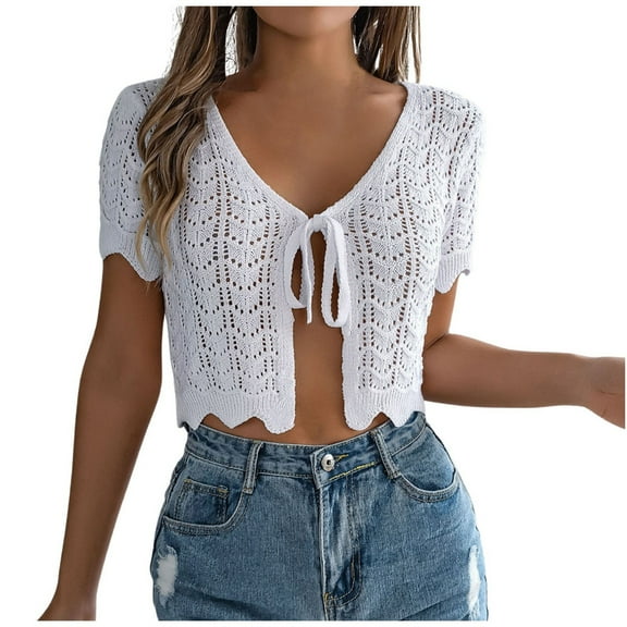 felwors Summer Lace Up Hollowed Out Short Sleeved Knitted Cardigan Vacation Exposed Navel Sun Girls Cardigan Sweaters White, M