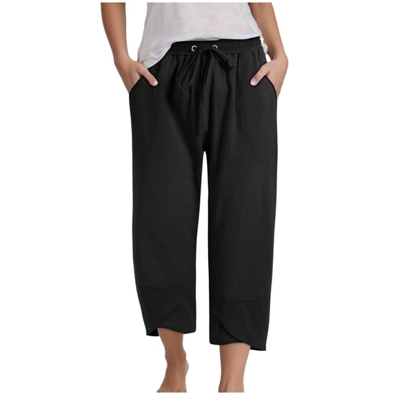 felwors Summer Pants for Women Casual Pockets Cotton Linen Wide Leg Drawstring Elastic Waist Capris Crop Pants (Black, XL)