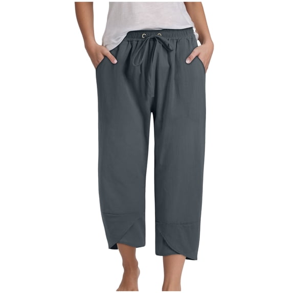 felwors Summer Pants for Women Casual Pockets Cotton Linen Wide Leg Drawstring Elastic Waist Capris Crop Pants (Dark Gray, 3XL)