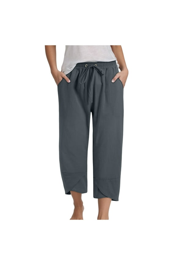 Summer Pants for Women Casual Pockets Cotton Linen Wide Leg Drawstring Elastic Waist Capris Crop Pants (Dark Gray, XXL)