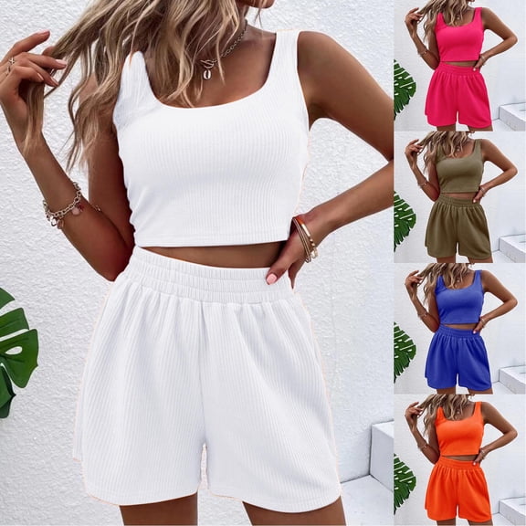 felwors Summer Sets Women 2 Piece Outfits Sleeveless Matching Lounge Crop Top High Waisted Shorts Vacation Trendy Sets(Blue, XS)
