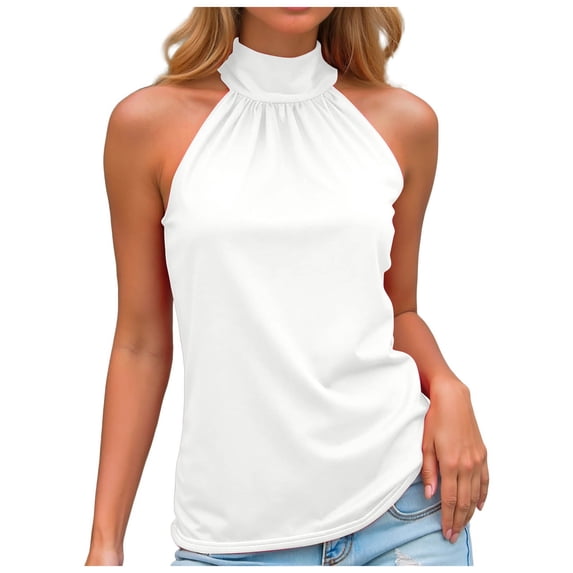 felwors Summer Sleeveless Neck Halter Tank Tops Back Pleated Casual Keyhole Cami Blouse White for Size M