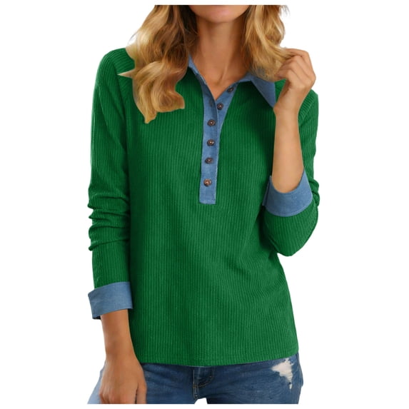 felwors Sweater with Denim Collar and Cuffs for Women Button Front Waffle Knit Pullover Vintage Casual Lightweight Sweatshirt Tops (Green, S)