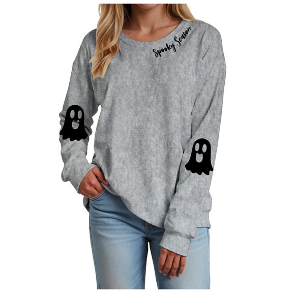 felwors Sweatshirt for Women Halloween Sweater Funny Spooky Coffee Graphic Pullover Crewneck Long Sleeve Tops Light Gray, XXL