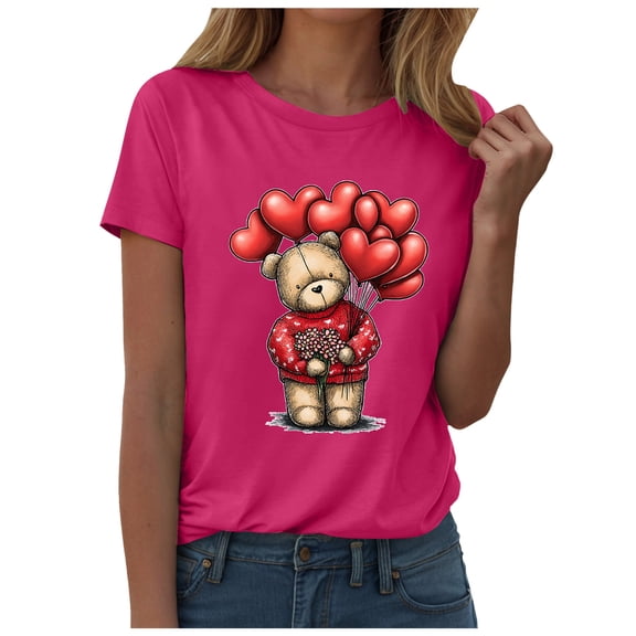 felwors Teddy Bear Graphic Tee | Valentine's Day Heart Balloons & Flower Casual Crew Neck Short Sleeve Shirt”(Hot Pink, L)