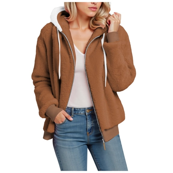 felwors Teddy Coat For Women Hooded Fuzzy Sherpa Jacket Fleece Drawstring Zip Up Hoodie 2025 Trendy Winter Outerwear Clothes Khaki, XXXXXL