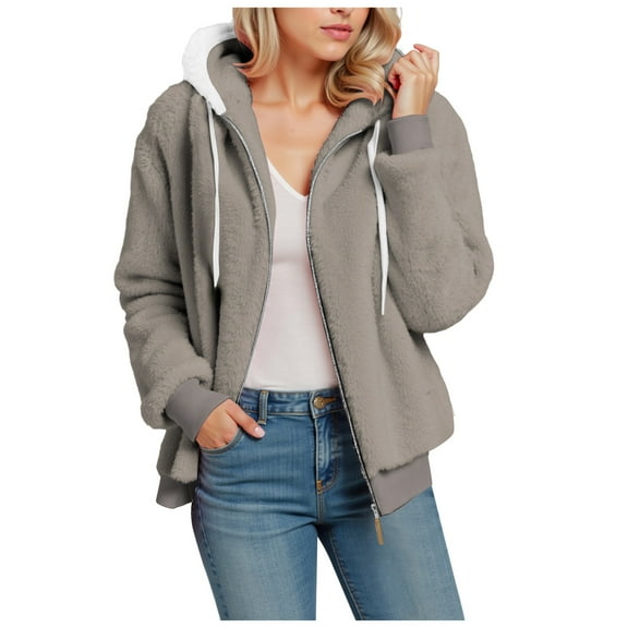 felwors Teddy Coat For Women Hooded Fuzzy Sherpa Jacket Fleece Drawstring Zip Up Hoodie 2025 Trendy Winter Outerwear Clothes Light Gray, L