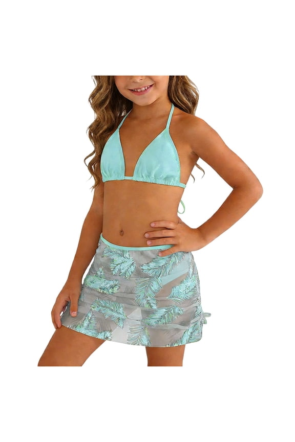 Teen Girls Bikini Swimsuits 3 Pieces Floral Spaghetti Strap Tops Triangle BotToms Bikini Sets with Solid Bikini Tops (11-12 Years, Mint Green)