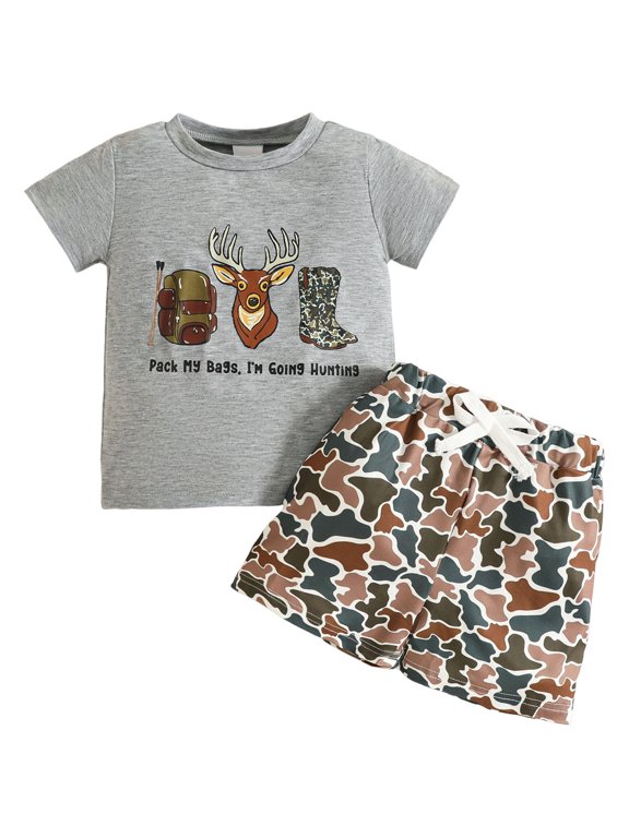 Toddler Baby Boy Clothes Summer Hunting Print Short Sleeve Tops Camouflage Shorts Outfits Infant Casual Clothes (12-18 Months,Z02-Grey)