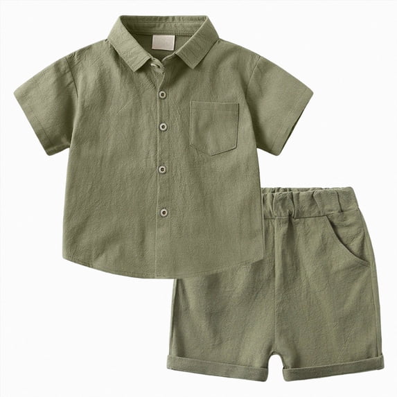 felwors Toddler Baby Boy Linen Outfits Solid Color Short Sleeve Lapel Button Down Shirt and Shorts Summer Clothes Set(5-6 Years)