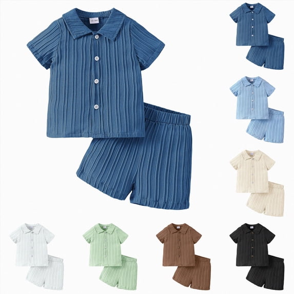 felwors Toddler Baby Boys Clothes Ribbed Button-Down Shirt Tops +Shorts Pocket Outfit 2 PCS set(12-18 Months,Navy)