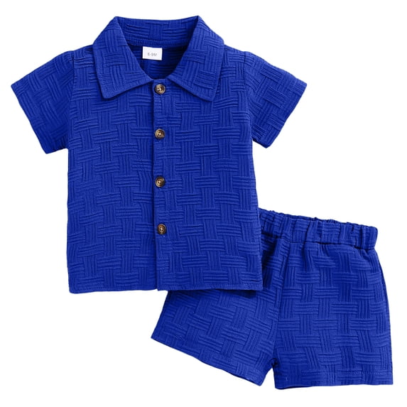felwors Toddler Baby Boys Summer Outfits Set Short Sleeve Button Down Shirts + Shorts Beach Vacation Outfits (12-18 Months,Blue)