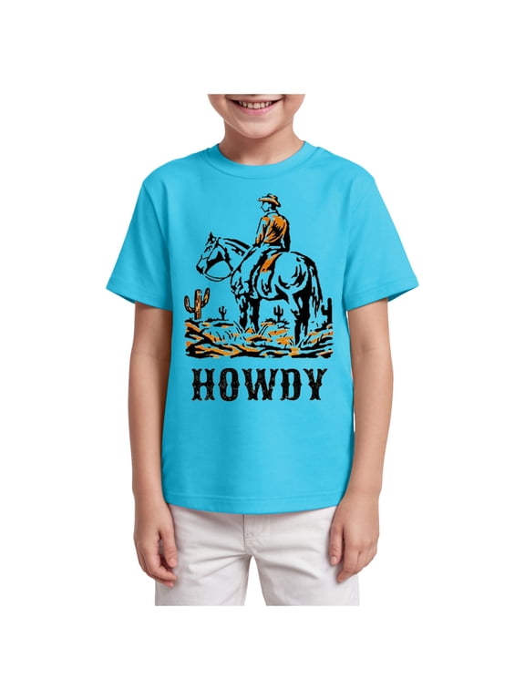 Toddler Baby Boys Western T-Shirt Rodeo Howdy Graphic Shirt Kids Cowboy Outfits Summer Country Crewneck Tee Top (3-4 Years, Sky Blue)