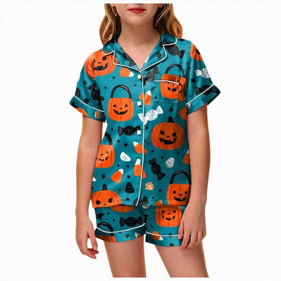 felwors Toddler Baby Girl Boy Halloween Pajamas Pumpkin Cotton Linen Long Sleeve Button Down Shirts Pants Kids Sleepwear Pjs (Green,6-7 Years)