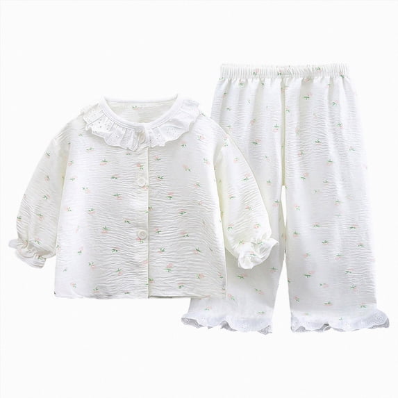 felwors Toddler Baby Girl Button-up Pajamas Bear Print Long Sleeve Kid Sleepwear PJs Set(18-24 Months,White)