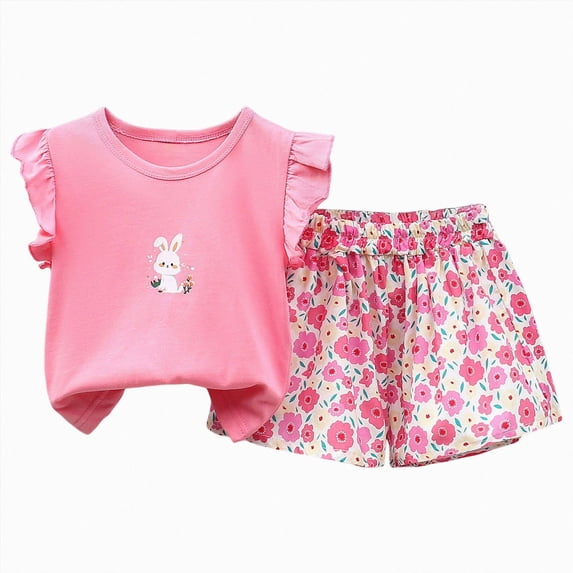 felwors Toddler Baby Girl Summer Clothes Ruffled Sleeve Ribbed Knit T-Shirt Tops Cute Floral Shorts Set 2Pcs Outfits,Pink,2-3 Years