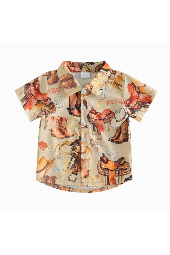 Toddler Boy Button Down Short Sleeve T- Tops Western Cowboy Casual Tee Summer Clothes(Orange,18-24 Months)