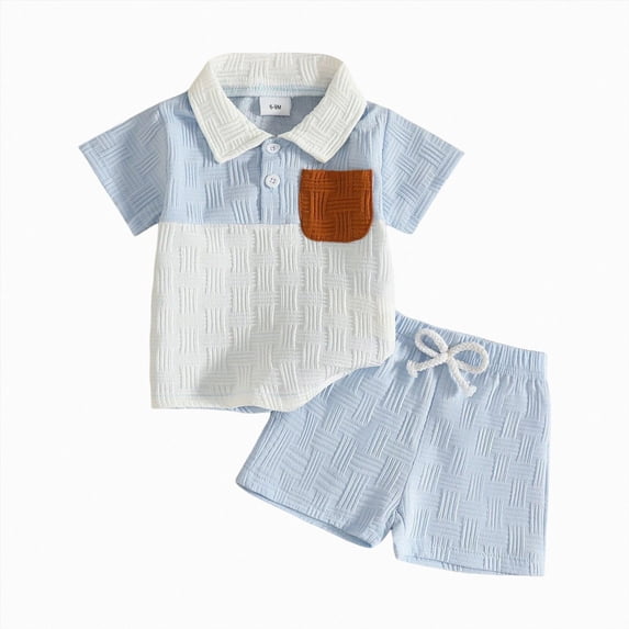felwors Toddler Boy Patchwork Summer Outfits Short Sleeve Button Down Shirt Tops & Casual Shorts Sets Baby 2T 3T 4T 5T Clothes(6-9 Months)