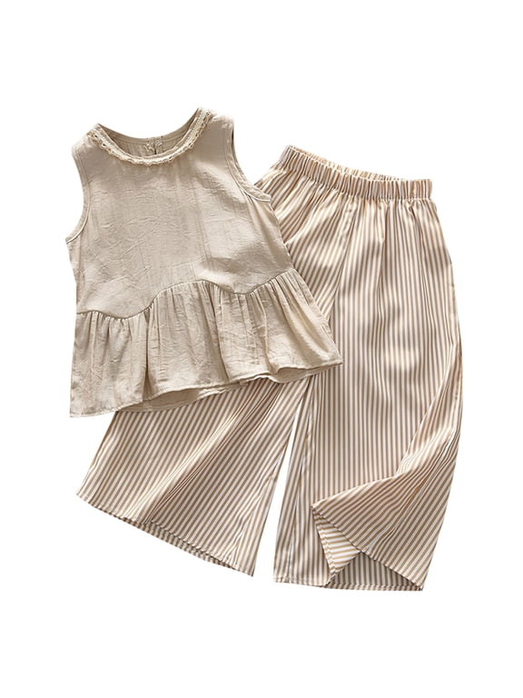 Toddler Girl Clothes Baby Summer Outfits Gingham Ruffle Sleeveless Vest Shirt Tank Tops Pants Set 3T 4T 5T 6T 7T (4-5 Years,Khaki)
