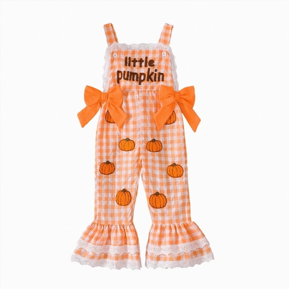 felwors Toddler Girl Halloween Outfit Pumpkin/Ghost Romper Overalls Baby Bell Bottoms Jumpsuit Cute Little Girls Fall Clothe