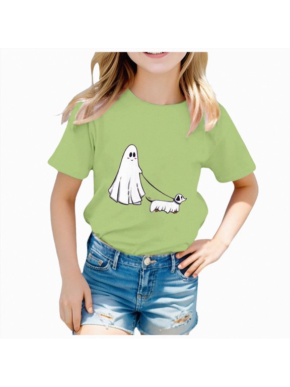 Toddler Halloween Shirt Baby Boy Girls Ghost Walking Dog Ghost Dog Halloween Cute Spooky Dog Love T-Shirt(Light Green,3-4 Years)