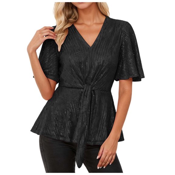 felwors Tops for Women Party Night Elegant Sequin Top V Neck Tie Front Short Bell Sleeve Shirts Peplum Tops Blouse(Black, XL)