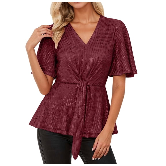 felwors Tops for Women Party Night Elegant Sequin Top V Neck Tie Front Short Bell Sleeve Shirts Peplum Tops Blouse(Wine, S)