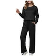 thumbnail image 1 of felwors Two Piece Sets for Women Fall Travel Vacation Outfits Long Sleeve Lounge Sets Side Slit Wide Leg Pants S-3XL Black, M, 1 of 4