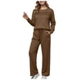 thumbnail image 1 of felwors Two Piece Sets for Women Fall Travel Vacation Outfits Long Sleeve Lounge Sets Side Slit Wide Leg Pants S-3XL Coffee, XXXL, 1 of 4