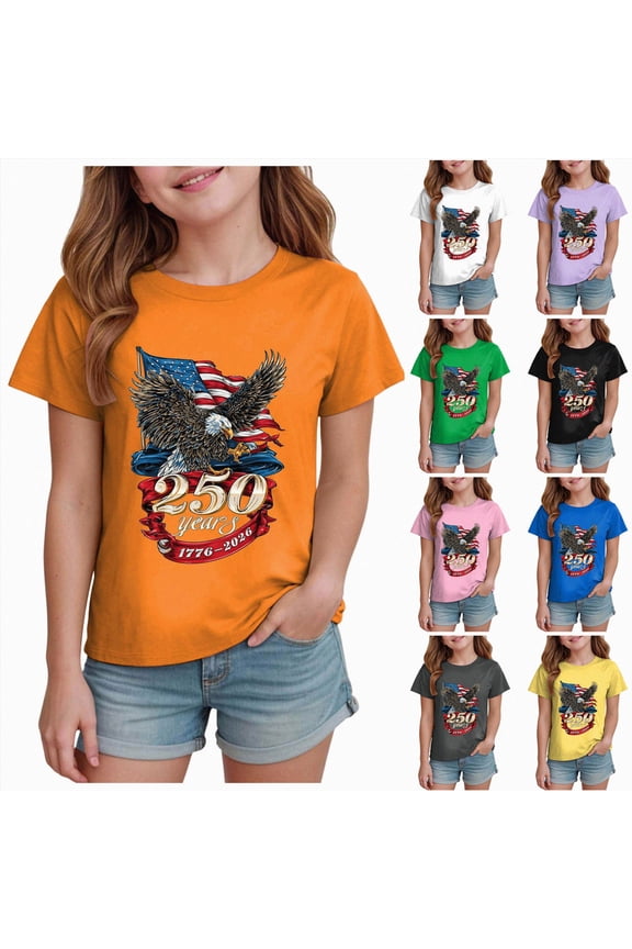 Unisex Toddler Boys Girls 250th Anniversary Print Shirt Bald Eagle and USA Flag Patriotic Tshirt (5-6 Years,Orange)