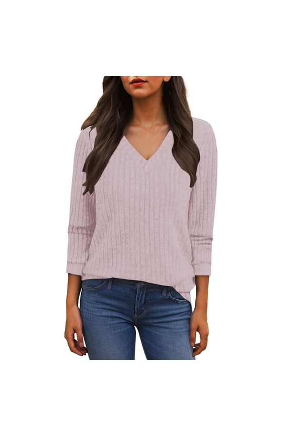 V Neck Long Sleeve Shirts for Women Casual Fall Tops Lightweight Tunic Sweaters Fashion Clothes Loose Fit 2025 Pink, M