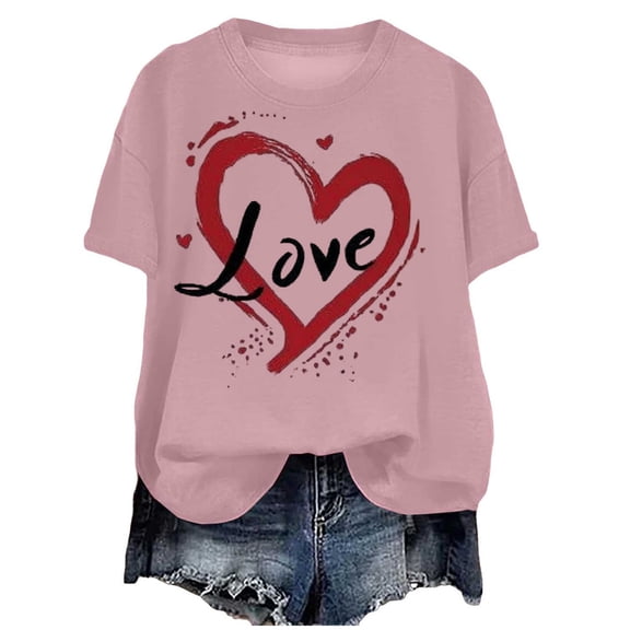 felwors Valentines Shirts for Women: Cute Love Heart Shirt Valentine T Shirt Red Short Sleeve Casual Hearts Tops(Pink, S)