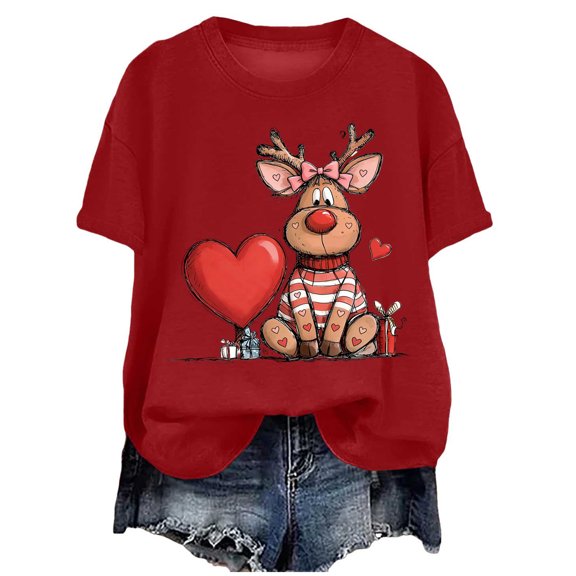 felwors Valentines Shirts for Women: Cute Love Heart Shirt Valentine T Shirt Red Short Sleeve Casual Hearts Tops(Red, L)